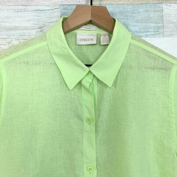 Chicos Linen Lydia Tie Front Shirt Green Lagenlook Non Iron Womens Large 2 - Picture 3 of 7